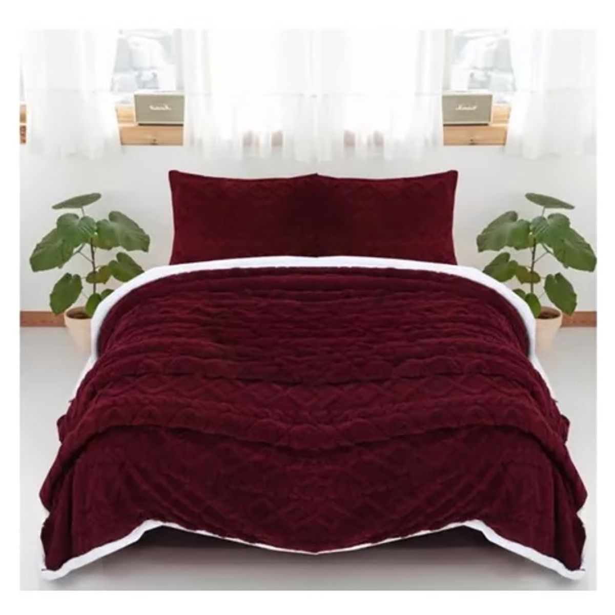 COMPRAPO - Frazada Manta Polar Sherpa Térmica 2 Plazas Trenzado Relieve Burdeo