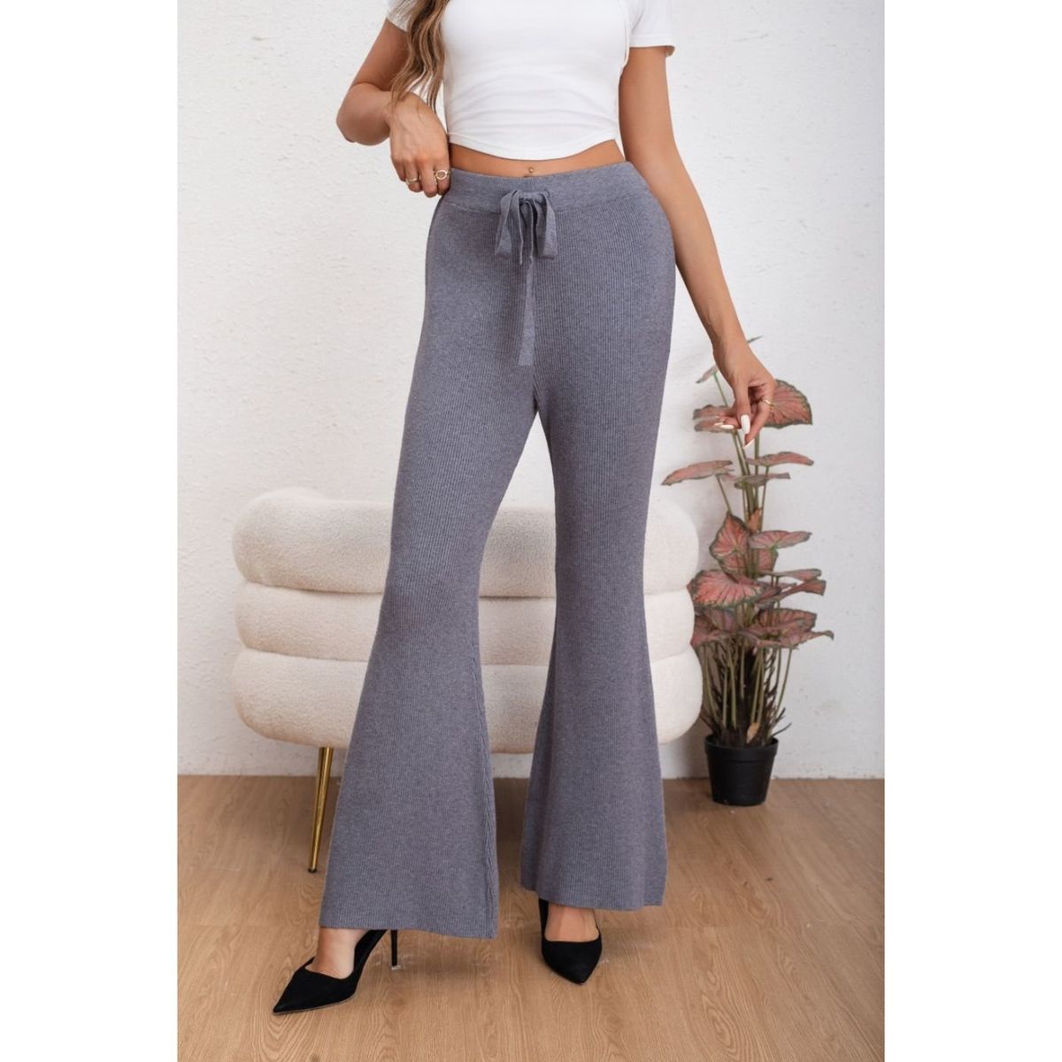 LIKE SHOP - Pantalon Calza Mujer Flare Lanilla Tiro Alto Full Elasticado 5050
