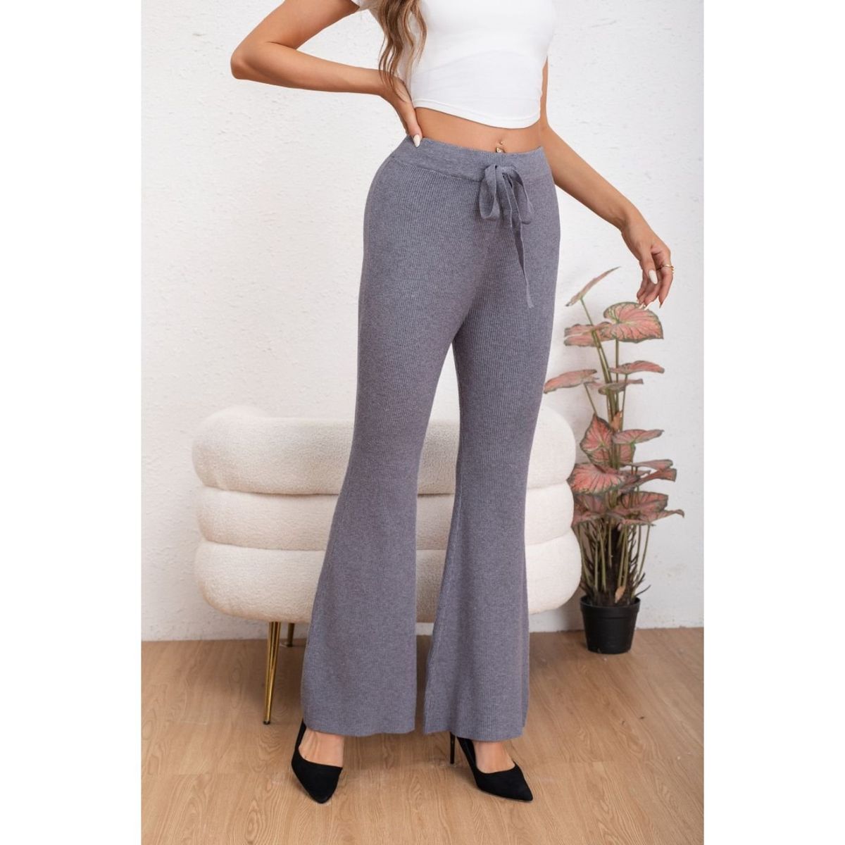 LIKE SHOP - Pantalon Calza Mujer Flare Lanilla Tiro Alto Full Elasticado 5050