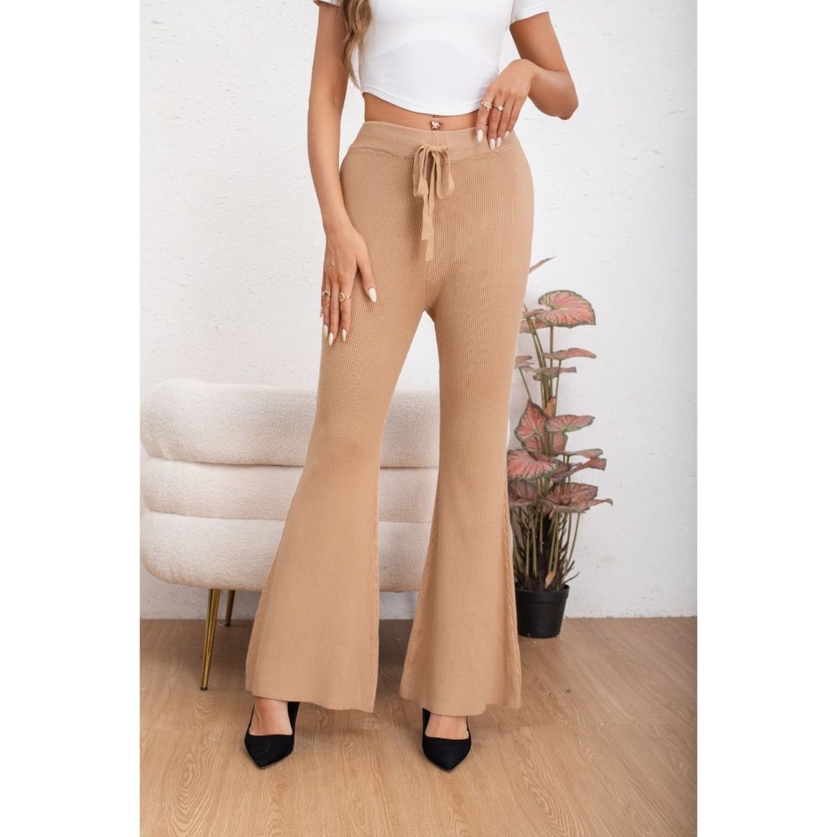 LIKE SHOP - Pantalon Calza Mujer Flare Lanilla Tiro Alto Full Elasticado 5050