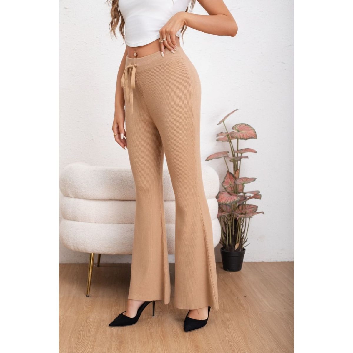 LIKE SHOP - Pantalon Calza Mujer Flare Lanilla Tiro Alto Full Elasticado 5050