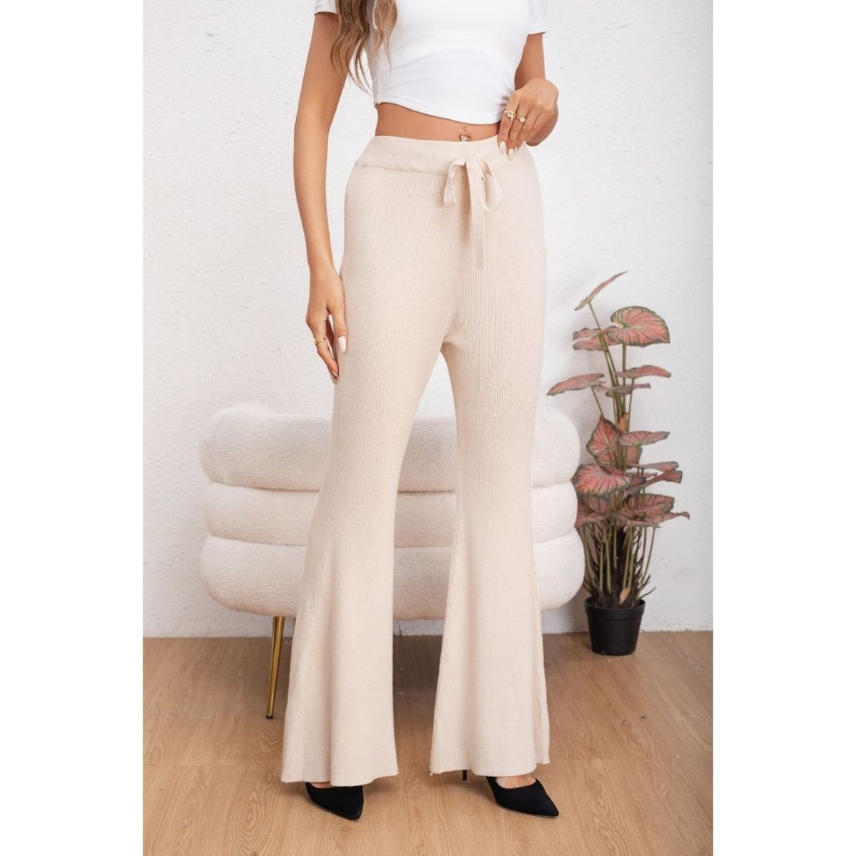 LIKE SHOP - Pantalon Calza Mujer Flare Lanilla Tiro Alto Full Elasticado 5050