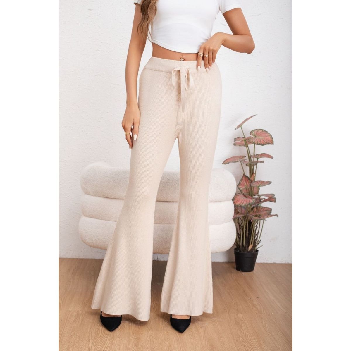 LIKE SHOP - Pantalon Calza Mujer Flare Lanilla Tiro Alto Full Elasticado 5050