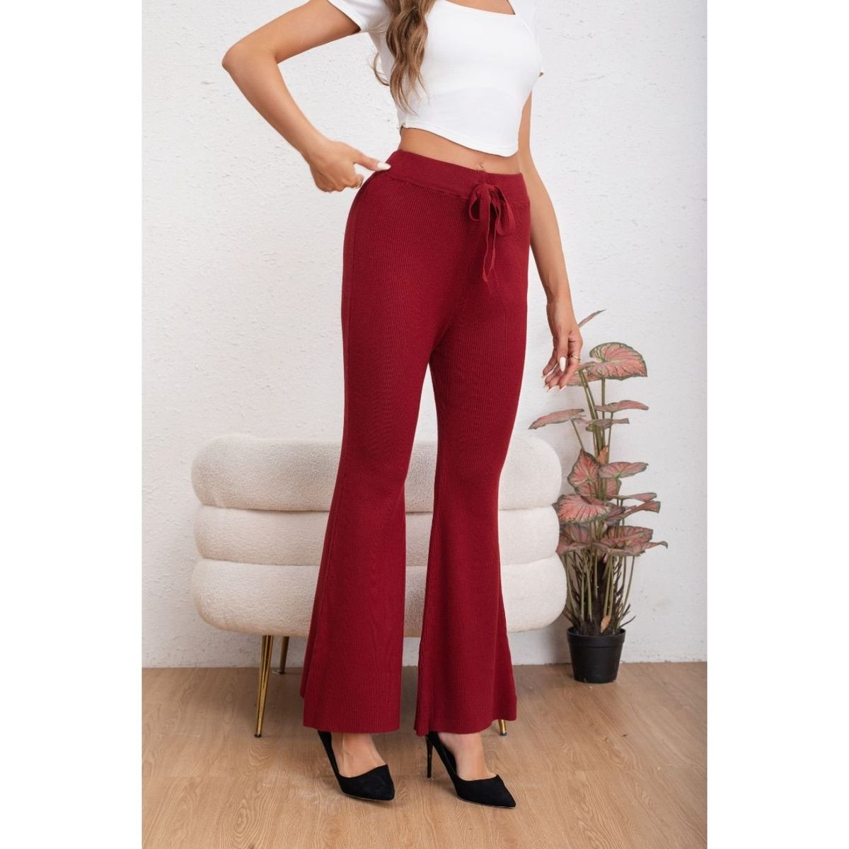 LIKE SHOP - Pantalon Calza Mujer Flare Lanilla Tiro Alto Full Elasticado 5050