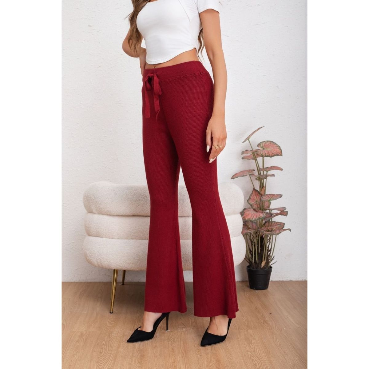 LIKE SHOP - Pantalon Calza Mujer Flare Lanilla Tiro Alto Full Elasticado 5050