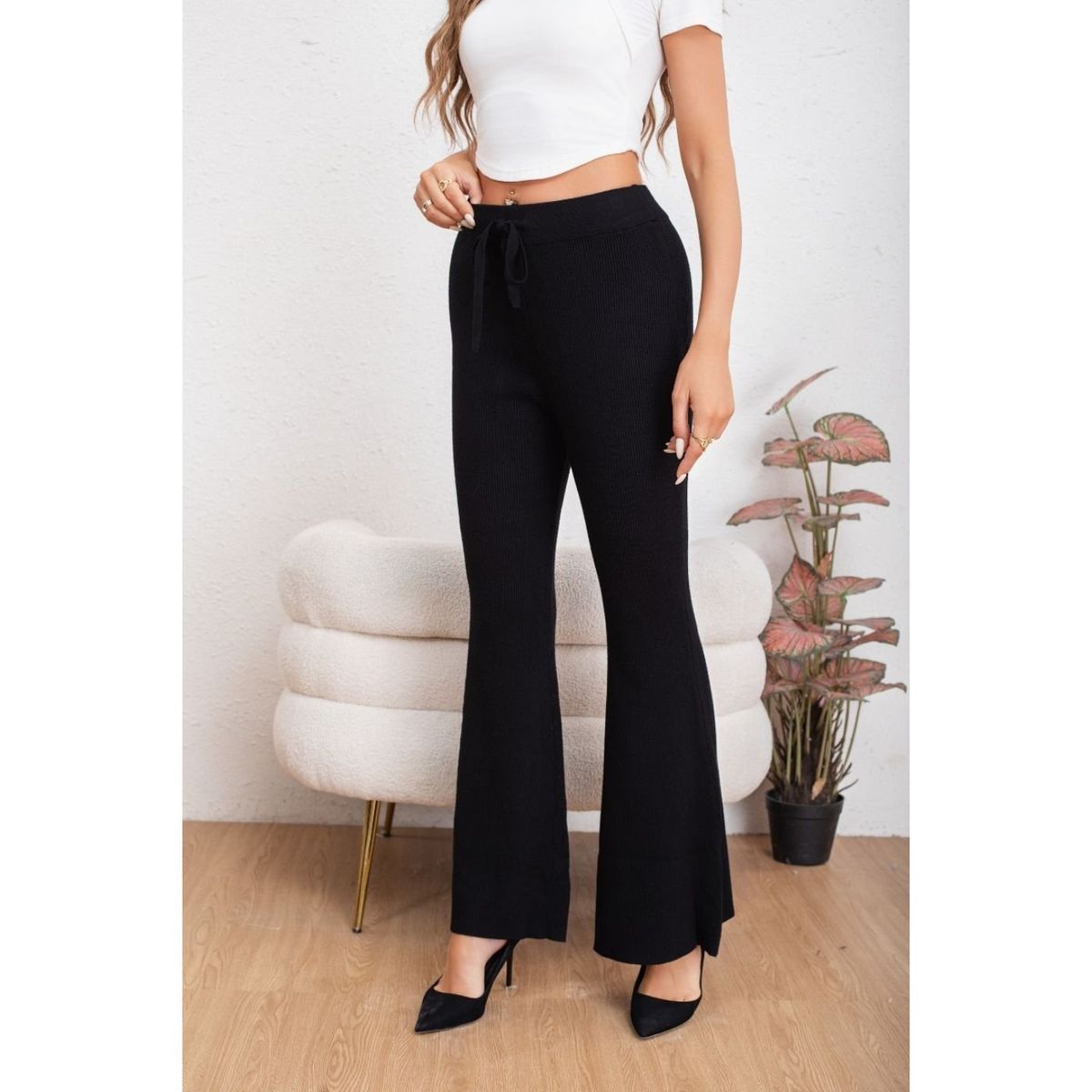 LIKE SHOP - Pantalon Calza Mujer Flare Lanilla Tiro Alto Full Elasticado 5050