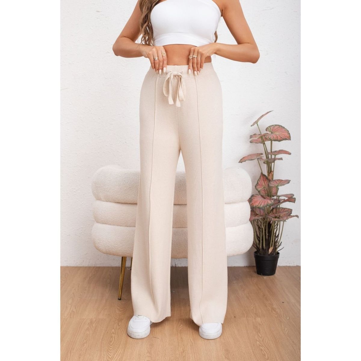 LIKE SHOP - Pantalon Mujer Tipo Palazzo Lanilla Tiro Alto Full Elasticado 5056