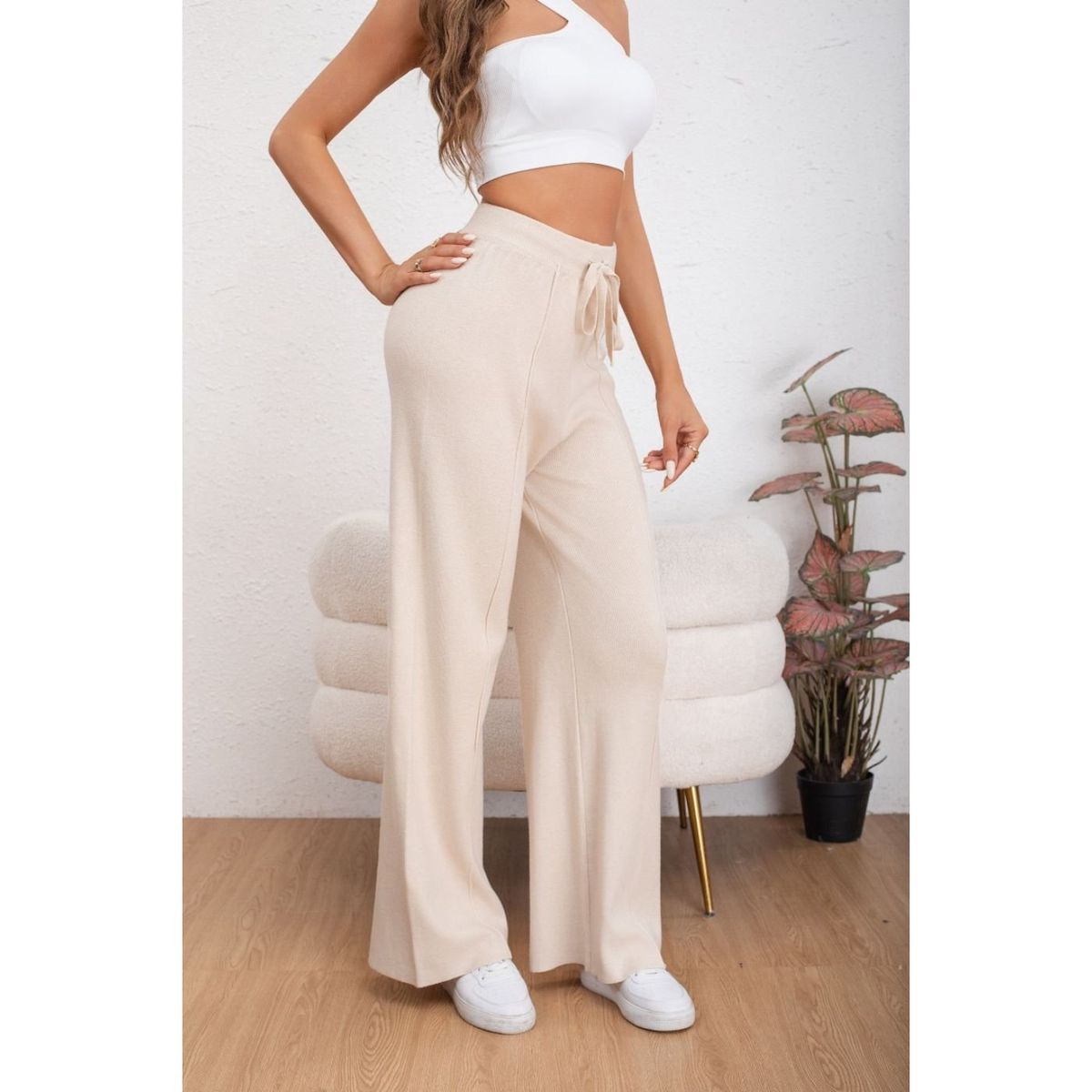 LIKE SHOP - Pantalon Mujer Tipo Palazzo Lanilla Tiro Alto Full Elasticado 5056