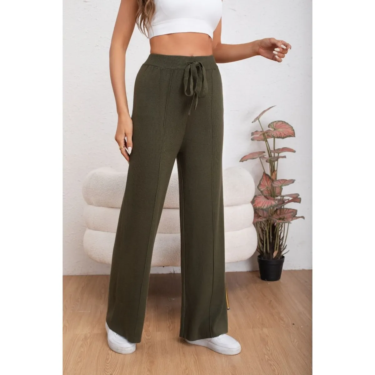 LIKE SHOP - Pantalon Mujer Tipo Palazzo Lanilla Tiro Alto Full Elasticado 5056