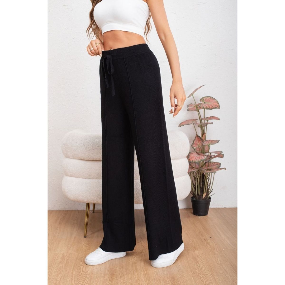 LIKE SHOP - Pantalon Mujer Tipo Palazzo Lanilla Tiro Alto Full Elasticado 5056