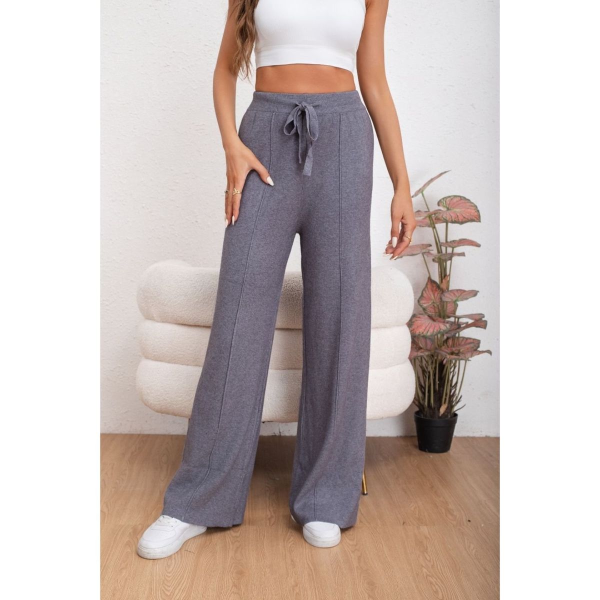 LIKE SHOP - Pantalon Mujer Tipo Palazzo Lanilla Tiro Alto Full Elasticado 5056