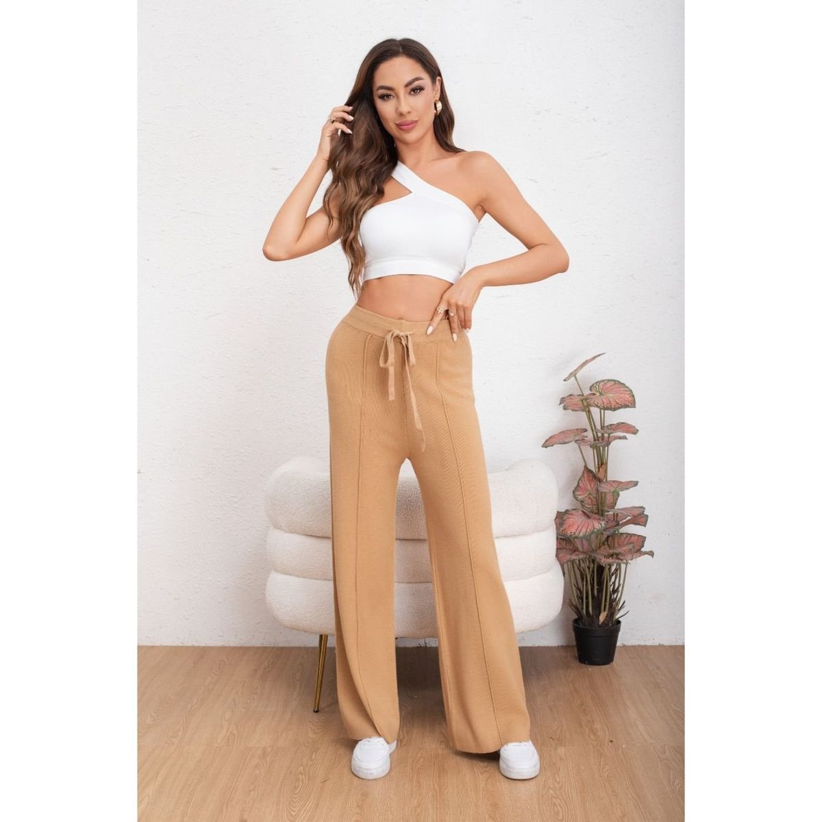 LIKE SHOP - Pantalon Mujer Tipo Palazzo Lanilla Tiro Alto Full Elasticado 5056