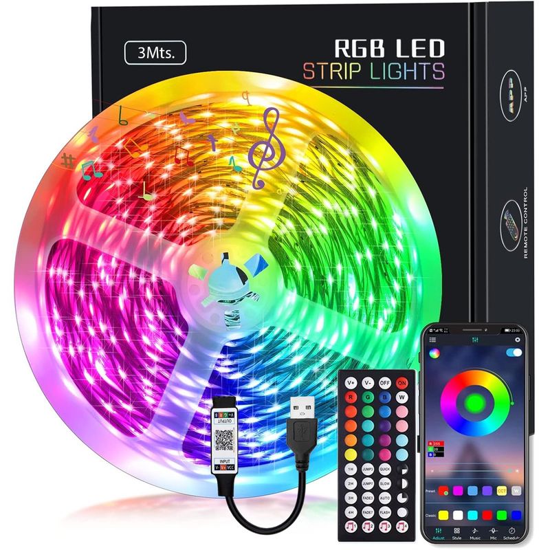 GENERICO - Tira Cinta Luces Led Rgb 3M App + Control Remoto + Conector