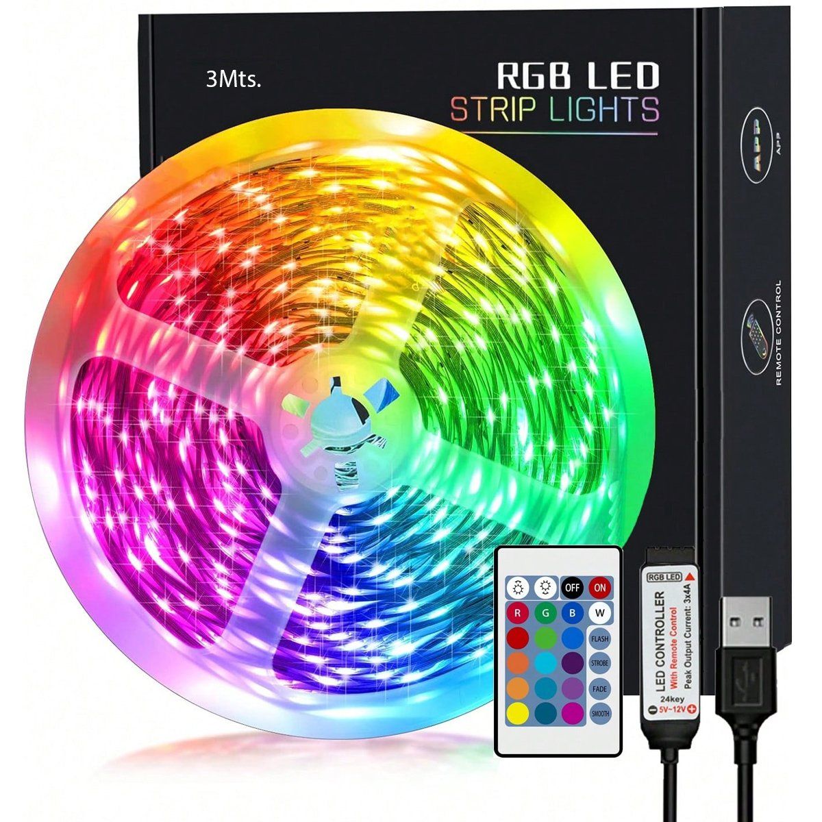 GENERICO - Tira Cinta Luces Led Rgb 3M Control Remoto + Conector