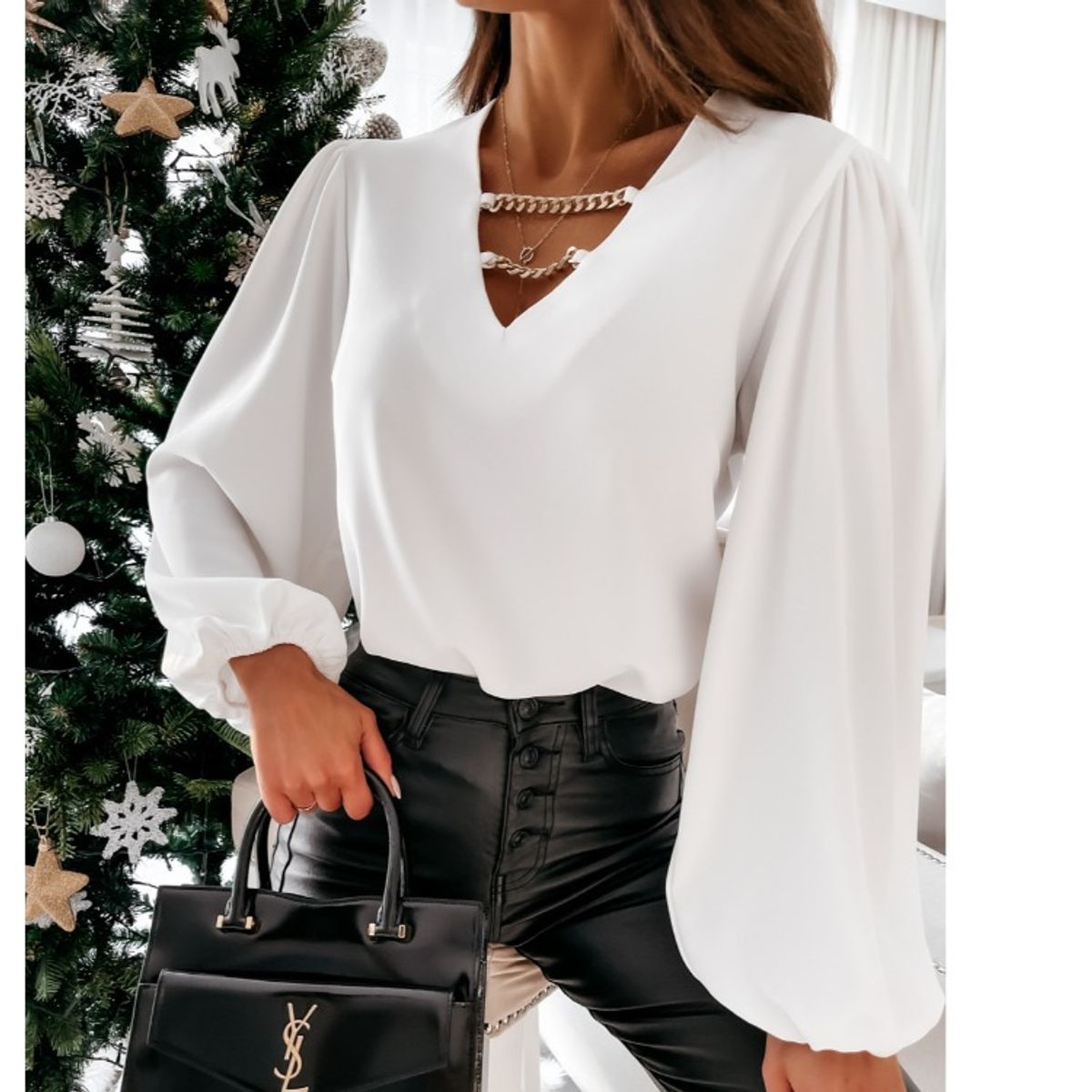 TIOZONEY - Blusa mujer Cuello con Cadenas - Blanco