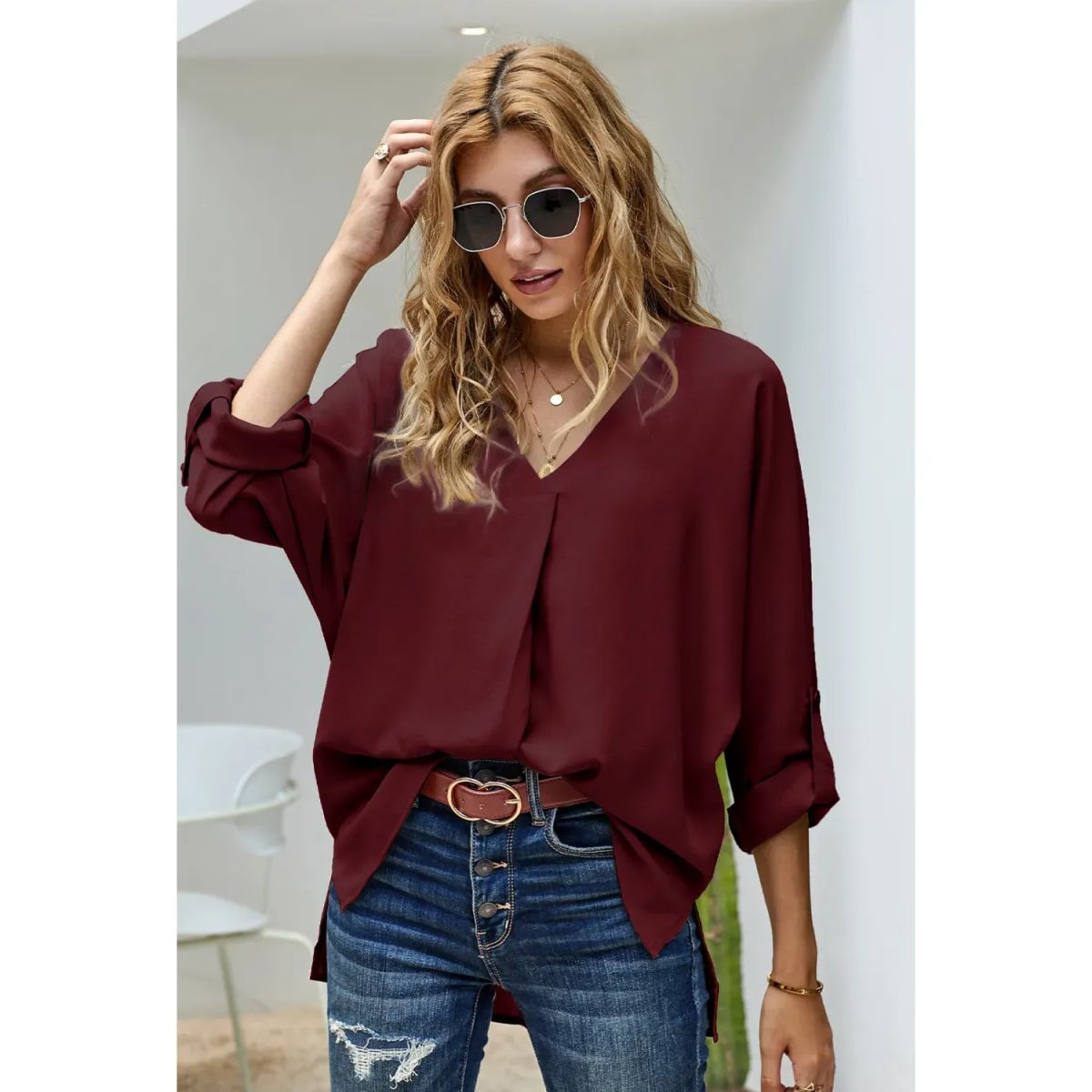 TIOZONEY - Blusa suelta mujer - Burdeo