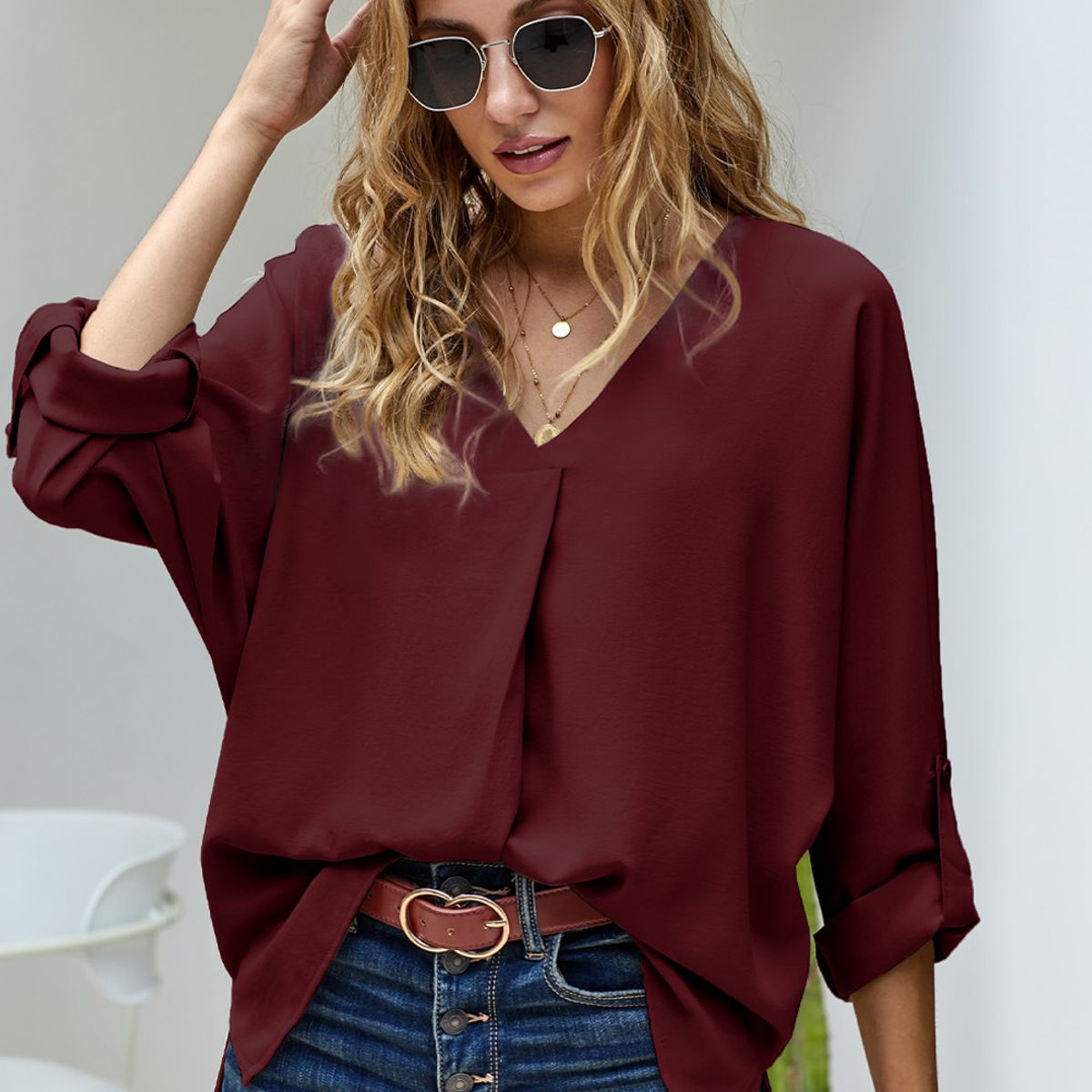 TIOZONEY - Blusa suelta mujer - Burdeo