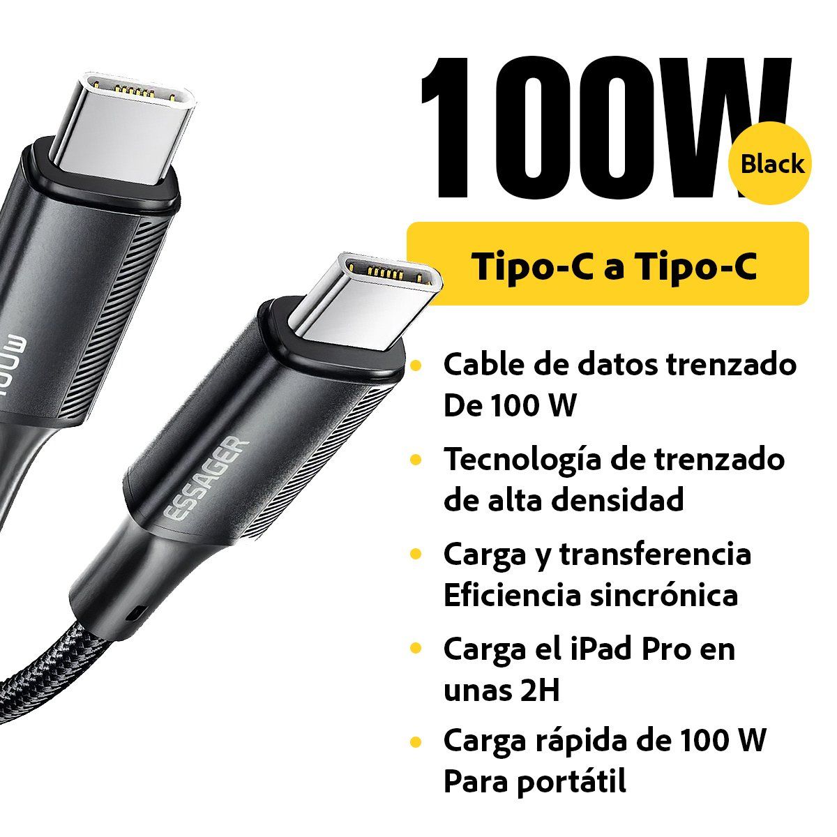 GENERICO - Cable Carga Rapida 100W USB-C a C para MacBook iPad y Phone