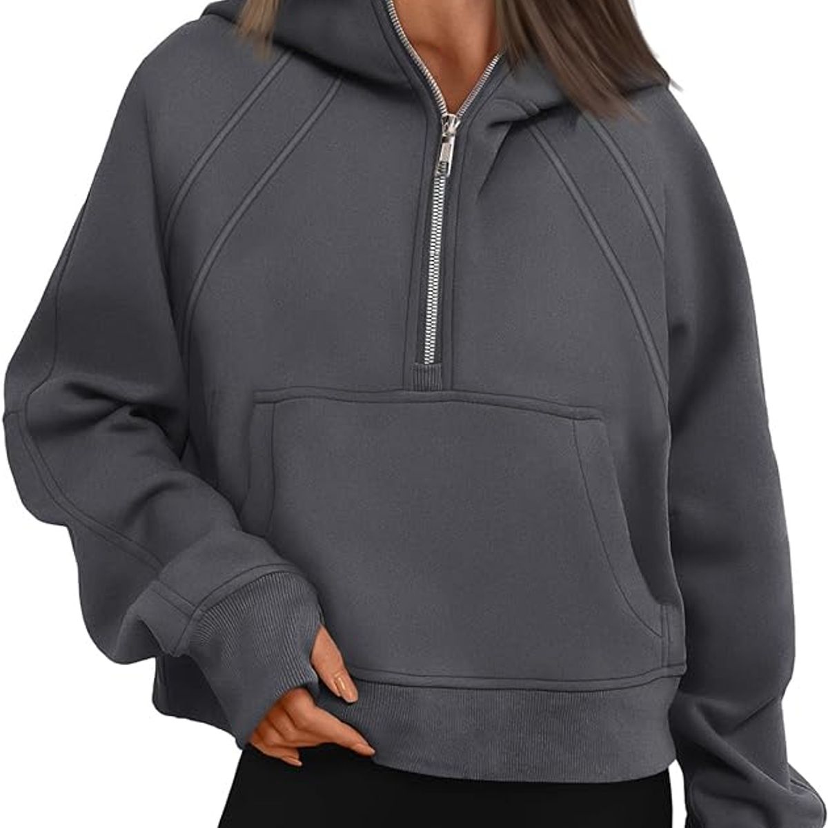 TIOZONEY - Sudadera corta con capucha para mujer - Gris Oscuro