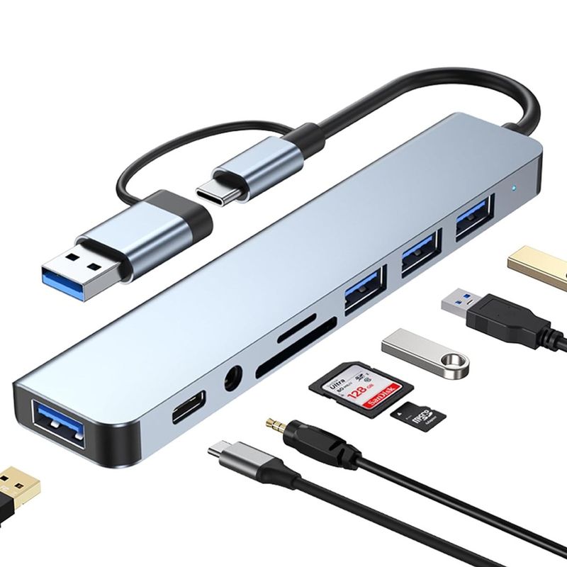 GENERICO - 8 En 1 Adaptador Usb C Hub Tipo C, Multipuerto, Usb 3.0, Sd