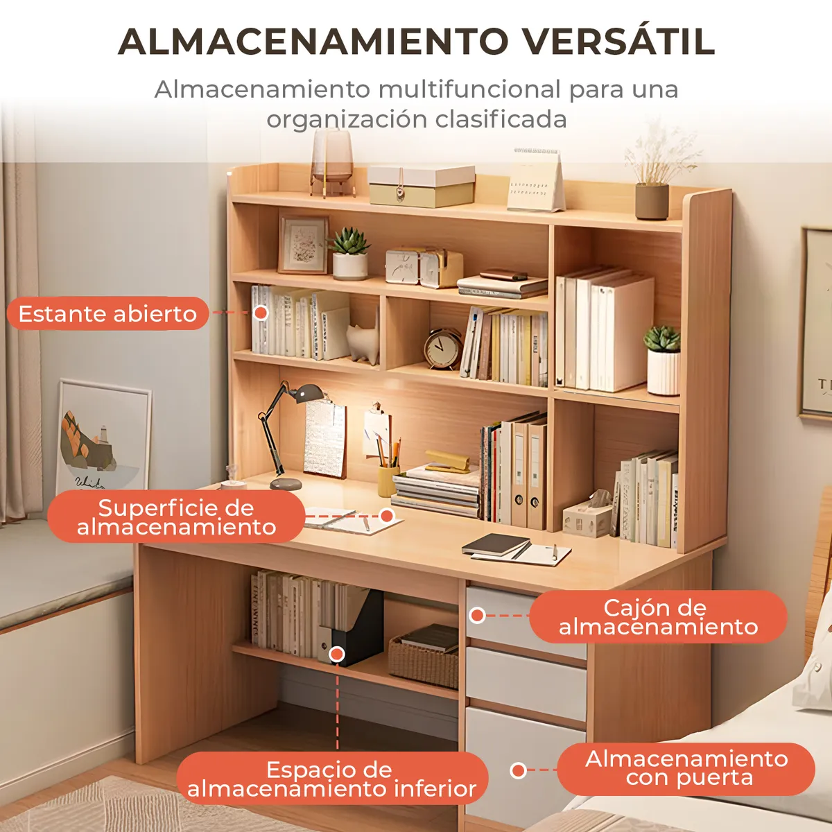 VIDITA - Escritorio Biblioteca Con Estanteria 120x162cm Cajón Gabinete Oficina
