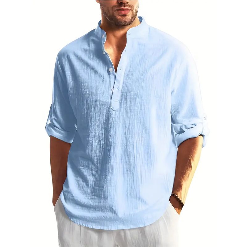 EDWINAYY - Camisa Casual Algodón Lino Cuello Mao Manga Larga Hombre