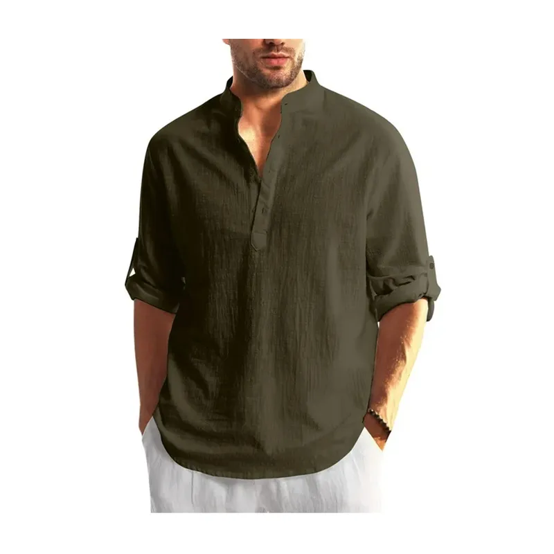 EDWINAYY - Camisa Casual Algodón Lino Cuello Mao Manga Larga Hombre