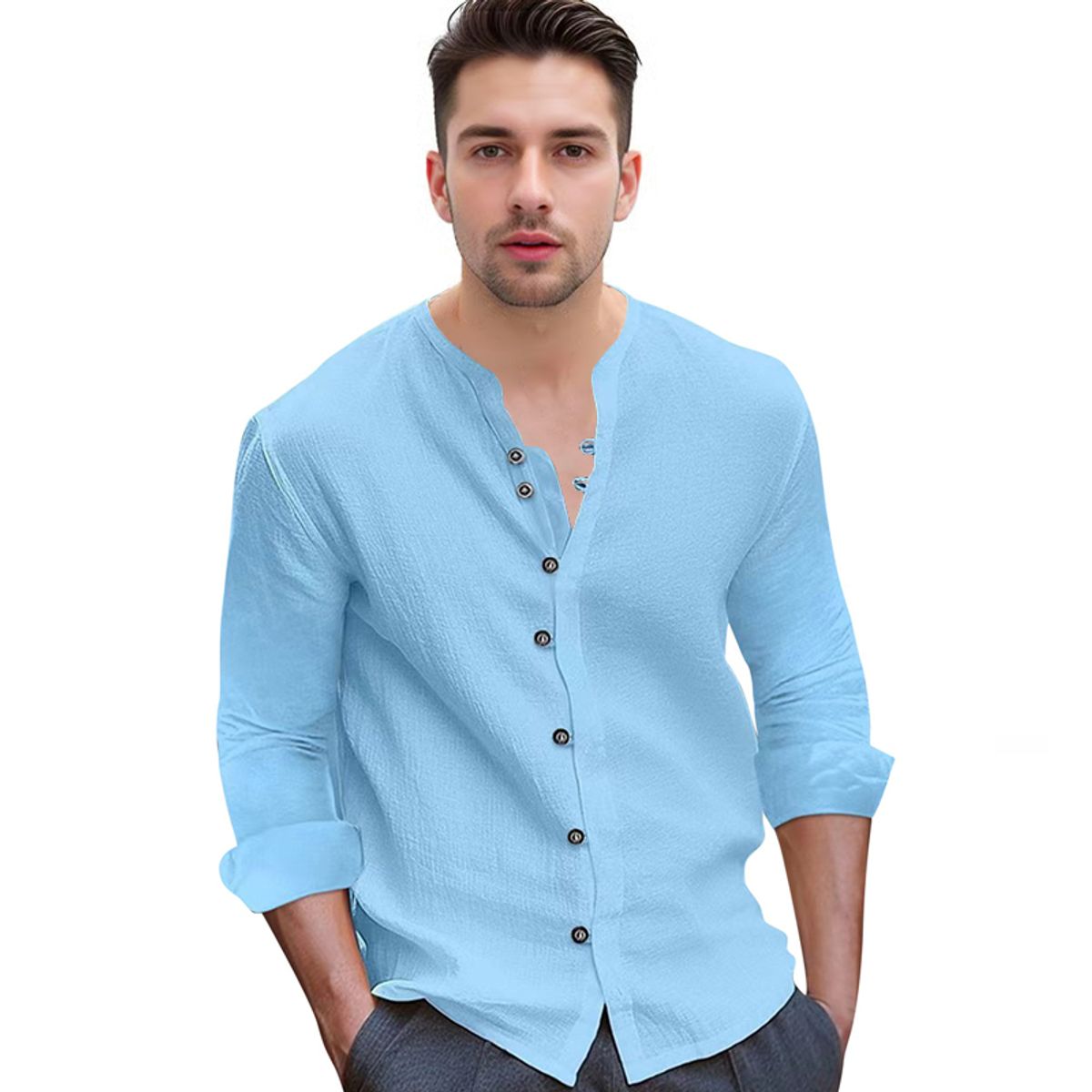 EDWINAYY - Camisa Manga Larga Clásico Hombre Unicolor De Algodón Lino