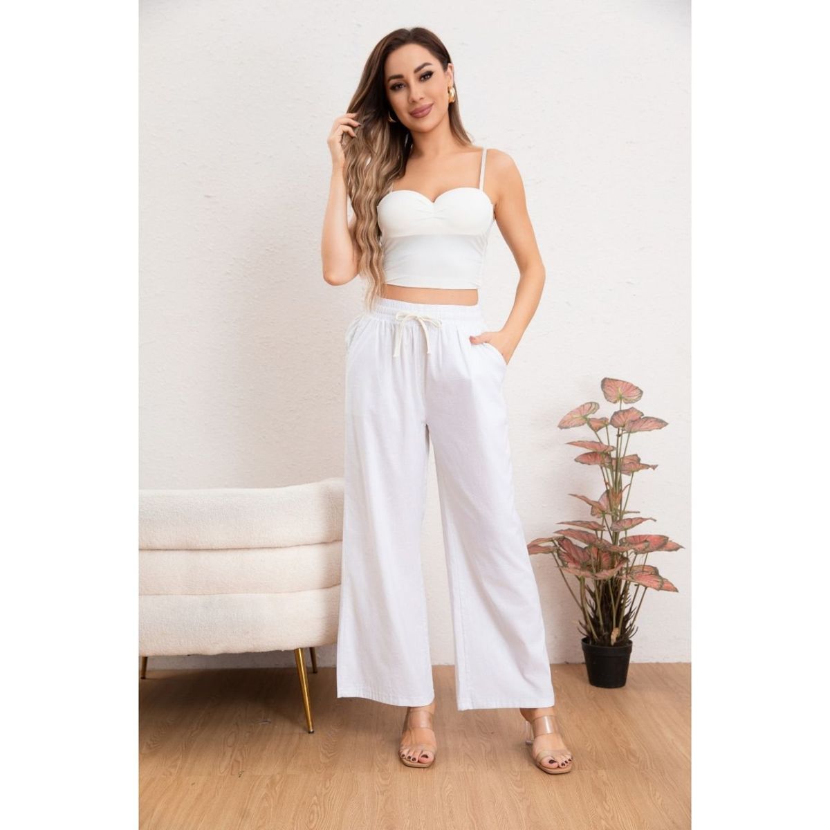 LIKE SHOP - Pantalón Mujer Casual Recto Algodón Tipo Lino Tiro Alto 7003