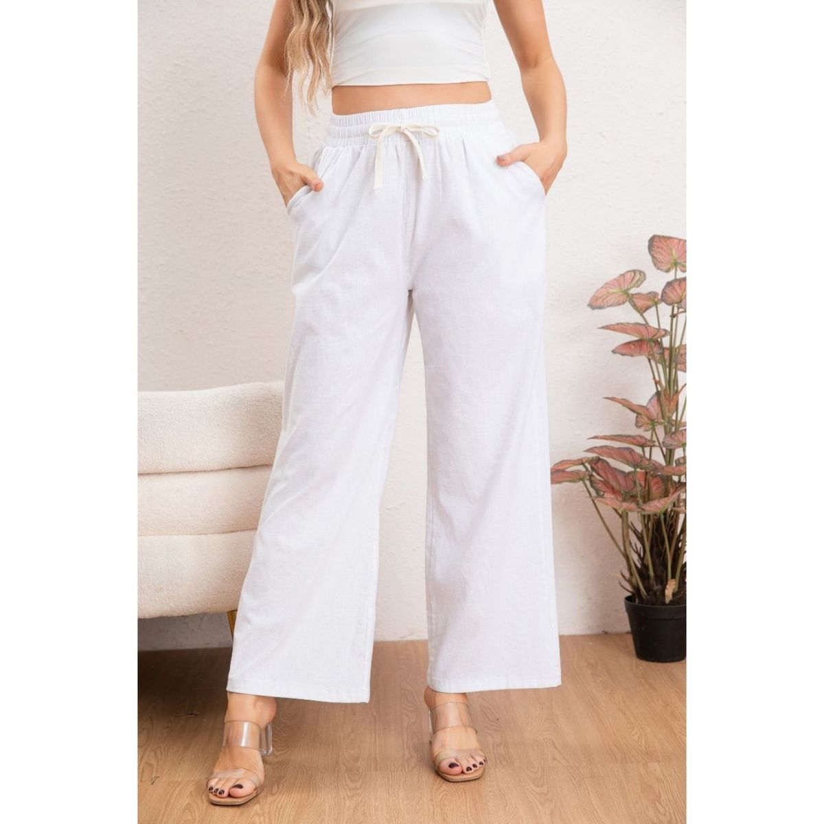 LIKE SHOP - Pantalón Mujer Casual Recto Algodón Tipo Lino Tiro Alto 7003