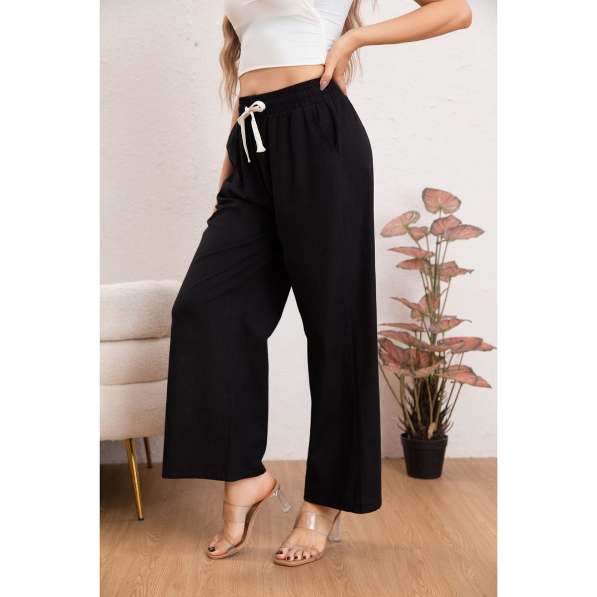 LIKE SHOP - Pantalón Mujer Casual Recto Algodón Tipo Lino Tiro Alto 7003