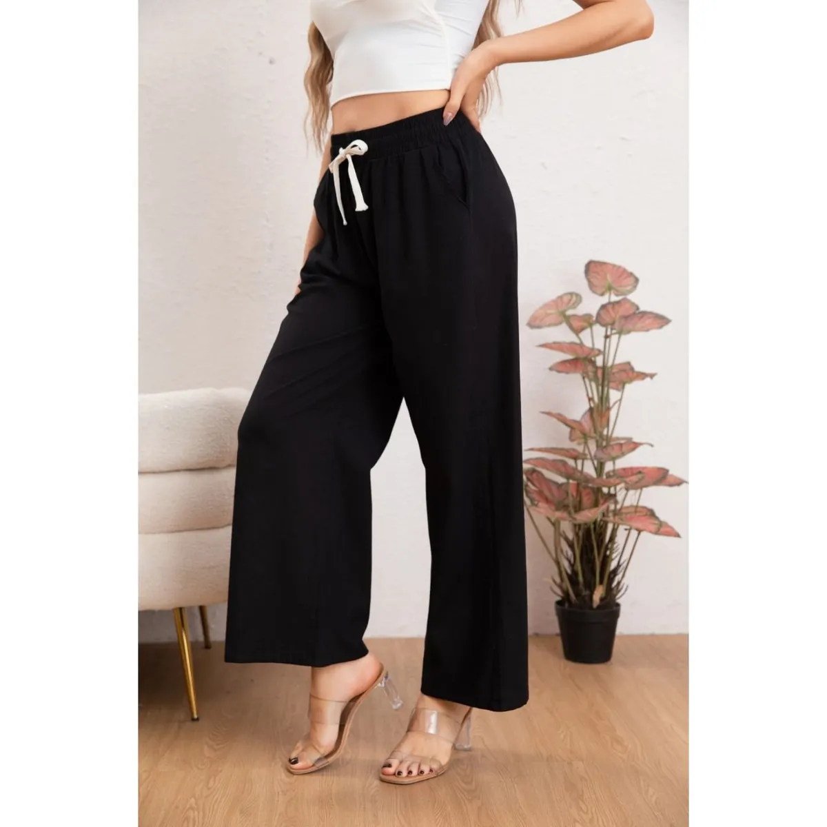 LIKE SHOP - Pantalón Mujer Casual Recto Algodón Tipo Lino Tiro Alto 7003