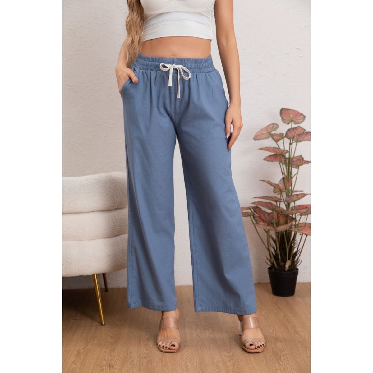 LIKE SHOP - Pantalón Mujer Casual Recto Algodón Tipo Lino Tiro Alto 7003