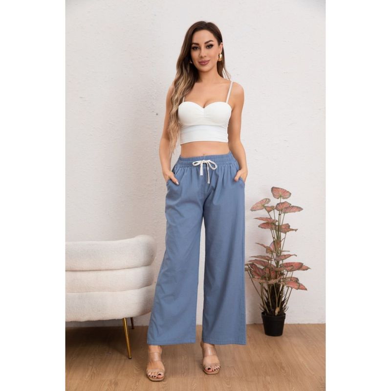MPROPIA - Pantalón Mujer Casual Recto Algodón Tipo Lino Tiro Alto 7003