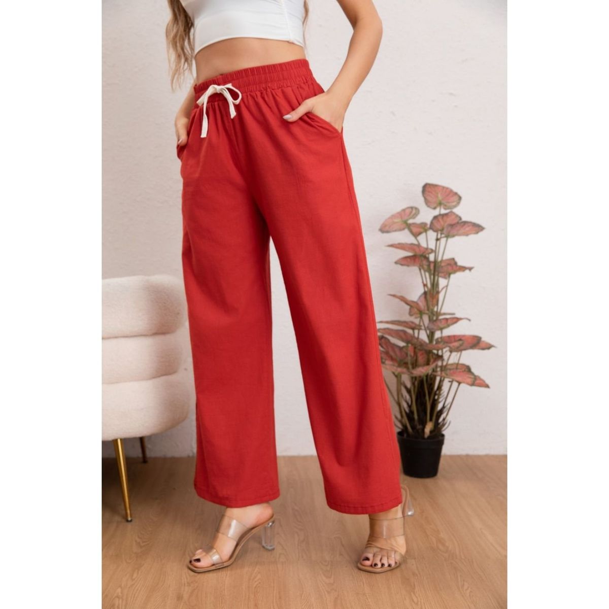 LIKE SHOP - Pantalón Mujer Casual Recto Algodón Tipo Lino Tiro Alto 7003