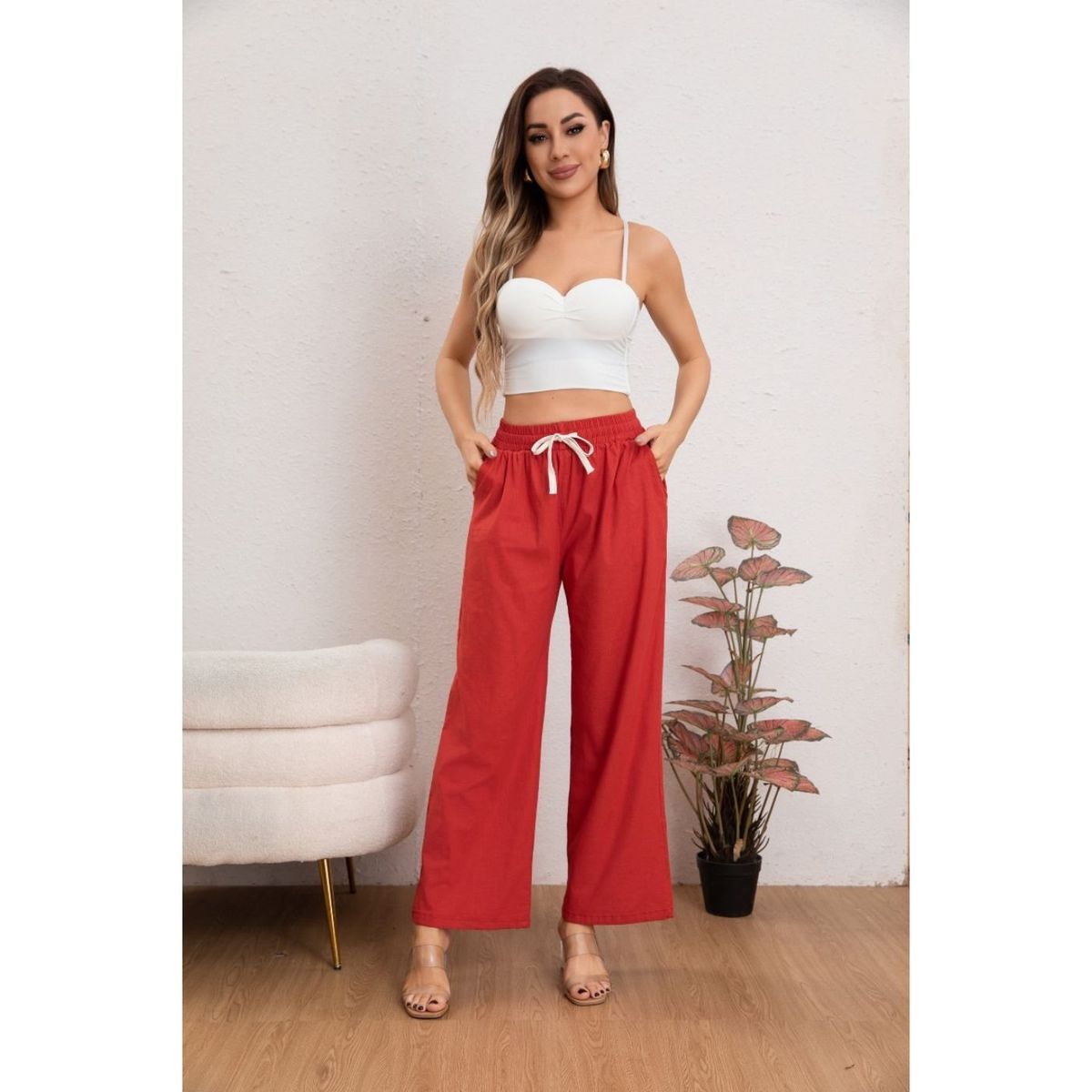 LIKE SHOP - Pantalón Mujer Casual Recto Algodón Tipo Lino Tiro Alto 7003