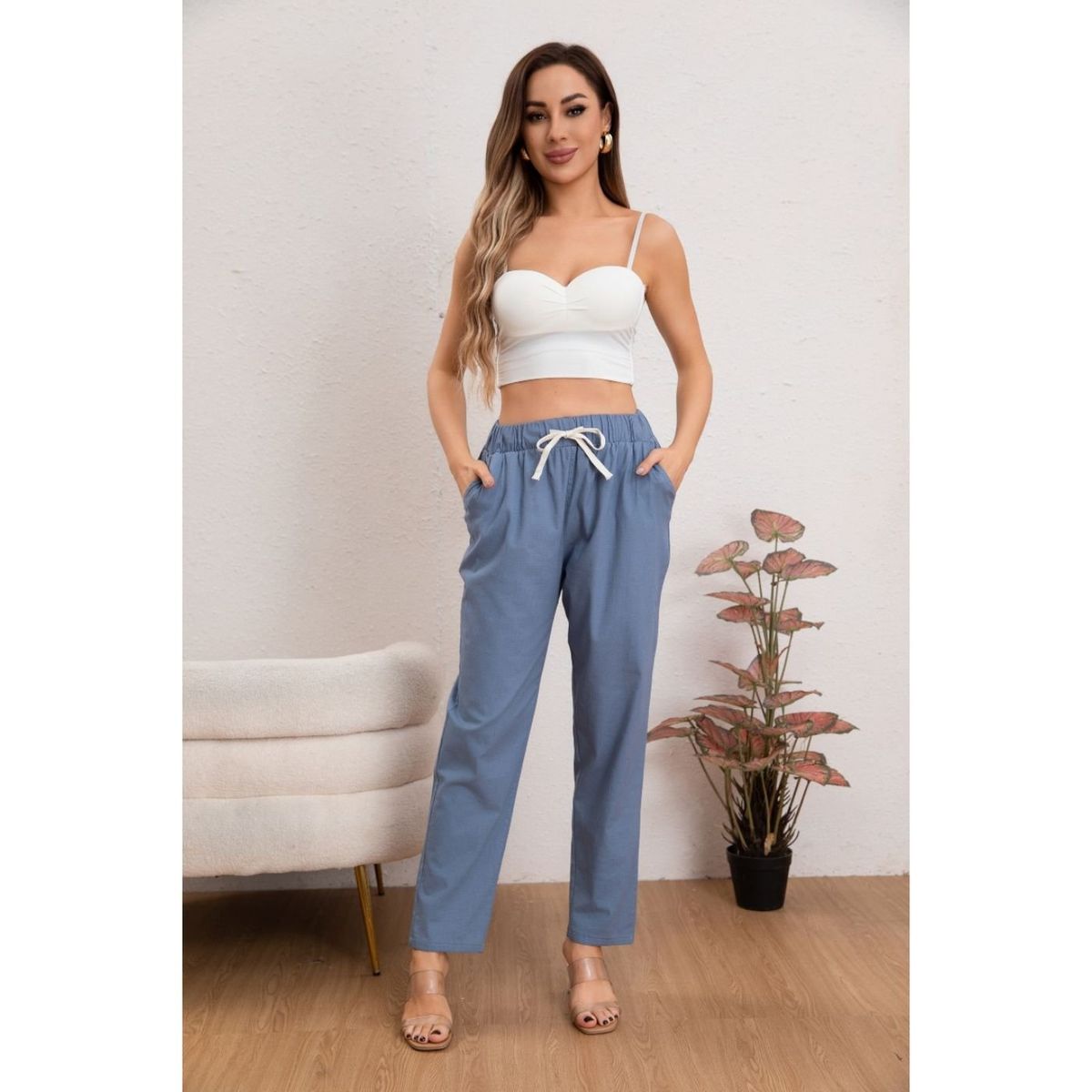 LIKE SHOP - Pantalón Mujer Semi Pitillo Algodón Tipo Lino Tiro Alto 7004