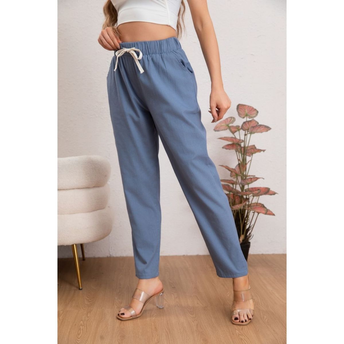 LIKE SHOP - Pantalón Mujer Semi Pitillo Algodón Tipo Lino Tiro Alto 7004