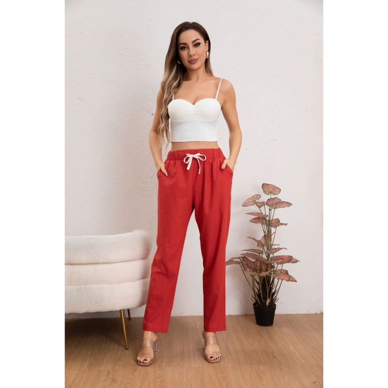 MPROPIA - Pantalón Mujer Semi Pitillo Algodón Tipo Lino Tiro Alto 7004