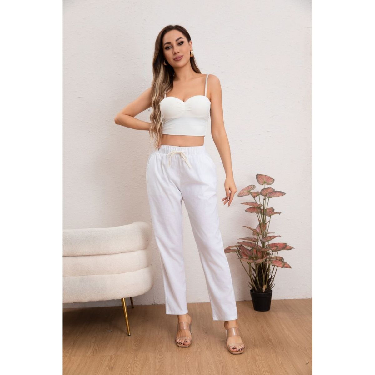 LIKE SHOP - Pantalón Mujer Semi Pitillo Algodón Tipo Lino Tiro Alto 7004