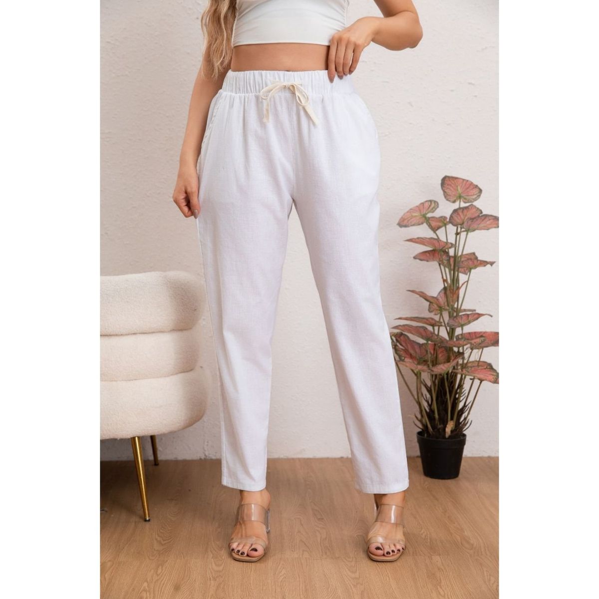 LIKE SHOP - Pantalón Mujer Semi Pitillo Algodón Tipo Lino Tiro Alto 7004