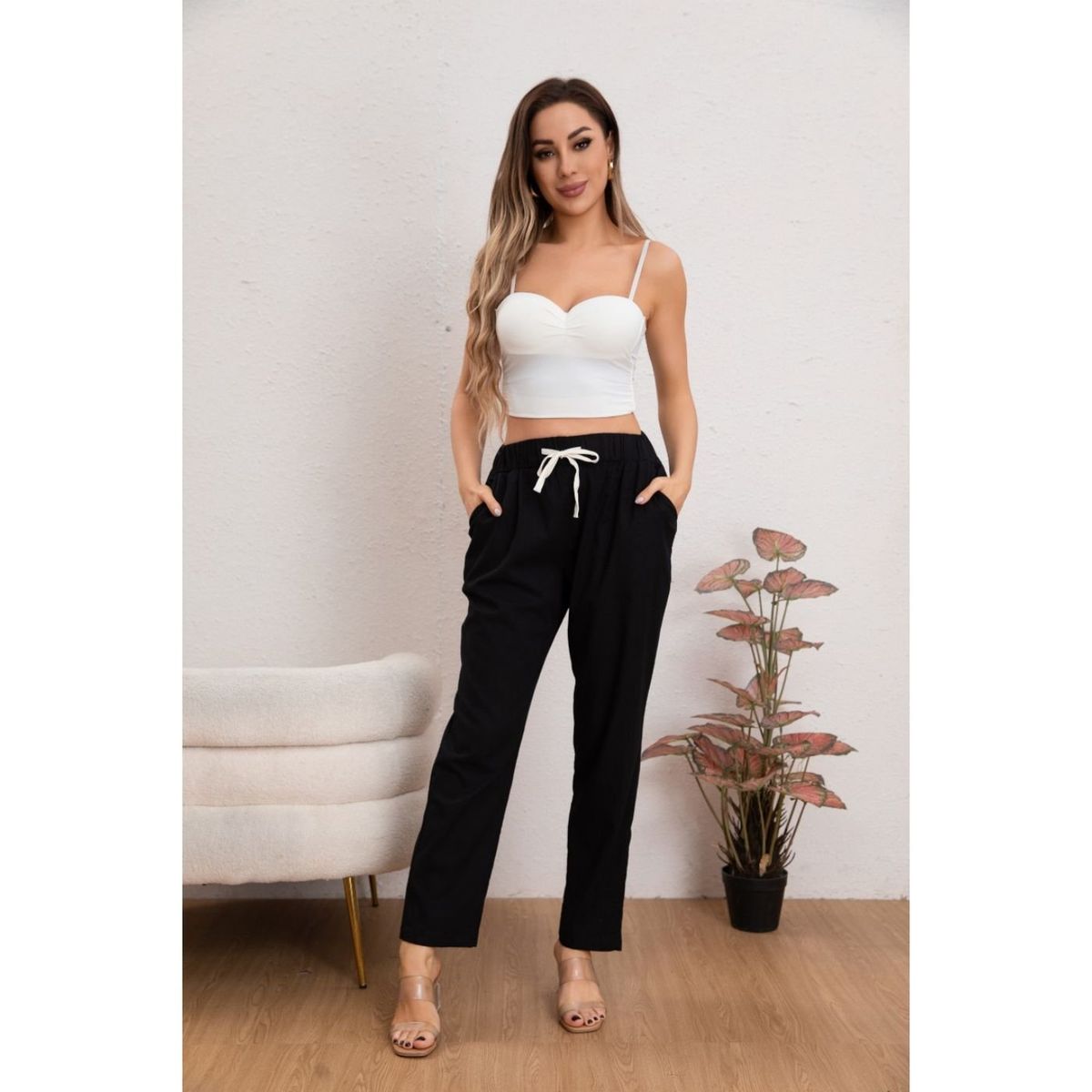 LIKE SHOP - Pantalón Mujer Semi Pitillo Algodón Tipo Lino Tiro Alto 7004