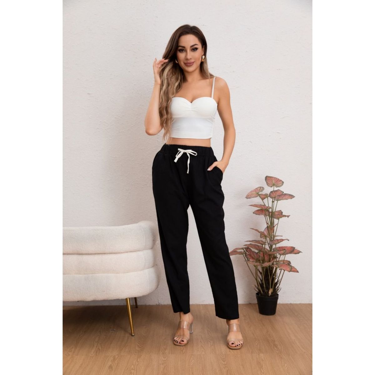 LIKE SHOP - Pantalón Mujer Semi Pitillo Algodón Tipo Lino Tiro Alto 7004