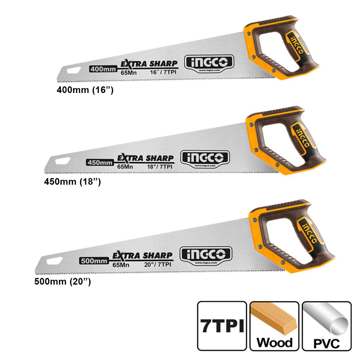INGCO - Set Serrucho Carpintero Industrial 16"/18"/20" 3 Piezas
