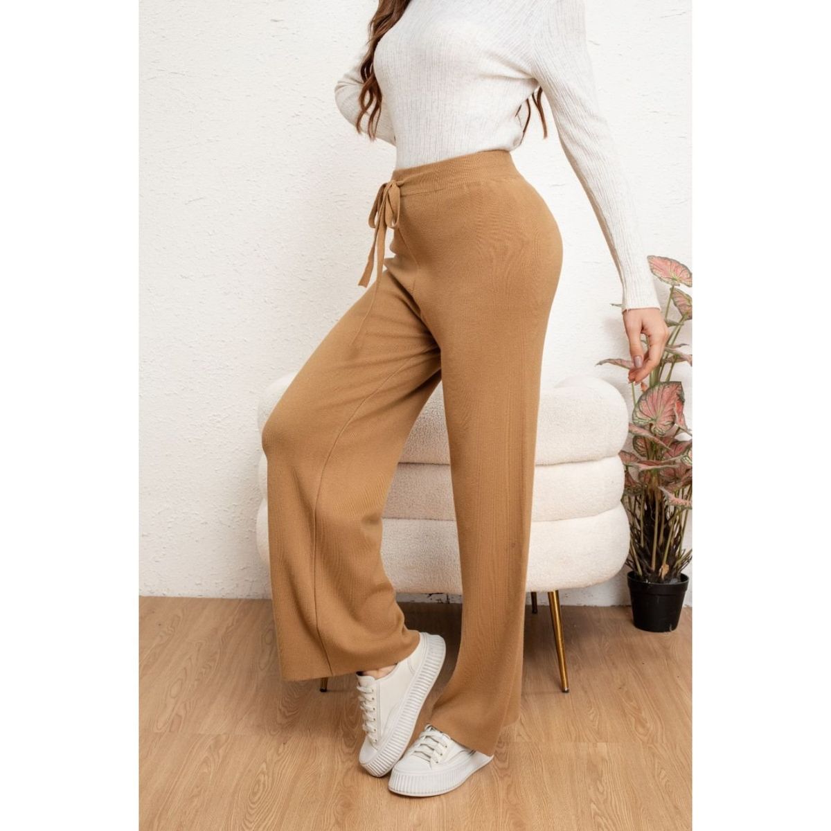 LIKE SHOP - Pantalon Mujer Recto Lanilla Tiro Alto Full Elasticado 5053