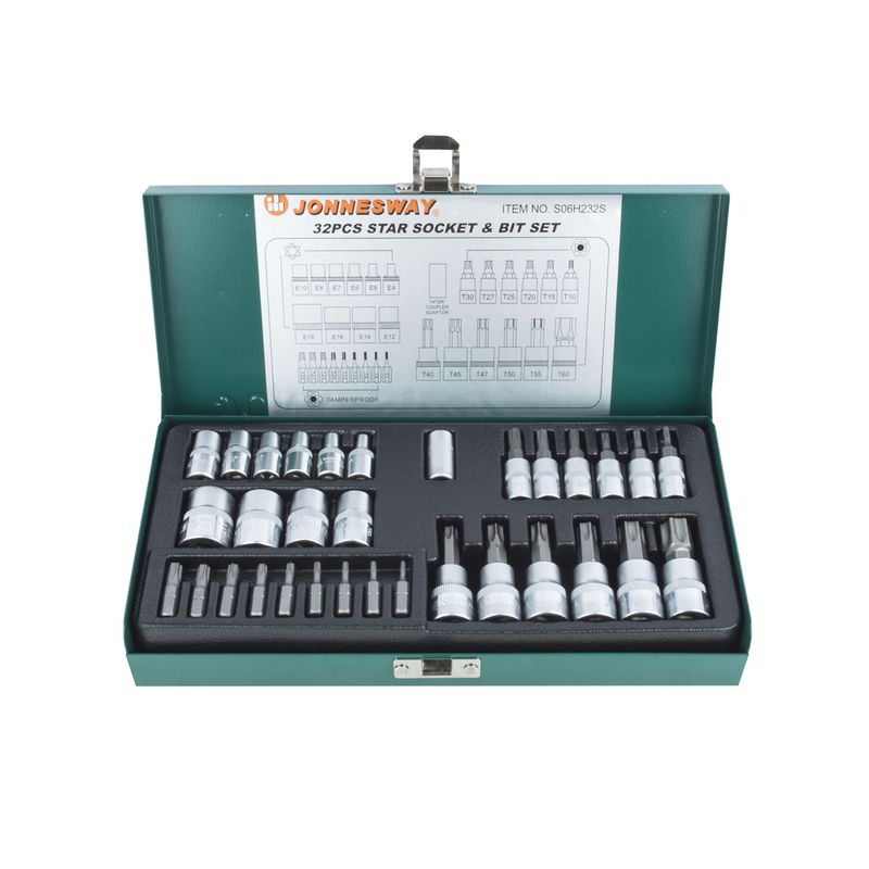 JONNESWAY - JUEGO DE DADOS Y PUNTAS TORX 32 PIEZAS S06H232S