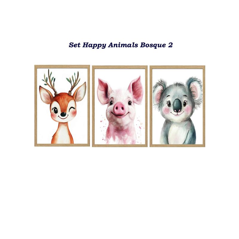 DECORACION CREATIVA - Set 3 Cuadros Infantil Niños Happy Animals Bosque 2
