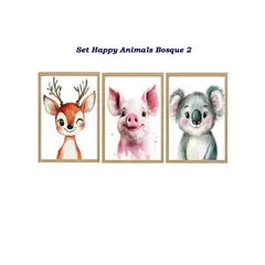 DECORACION CREATIVA - Set 3 Cuadros Infantil Niños Happy Animals Bosque 2