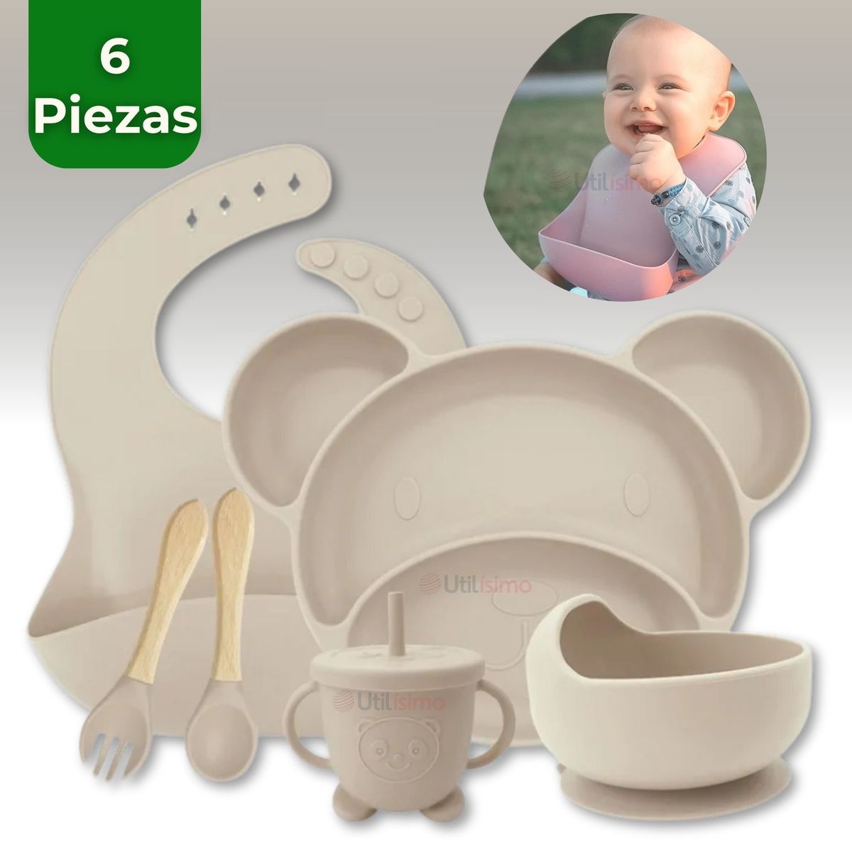 UTILISIMO - Set De Alimentación Bebé Silicona 6 Piezas Libre BPA Beige