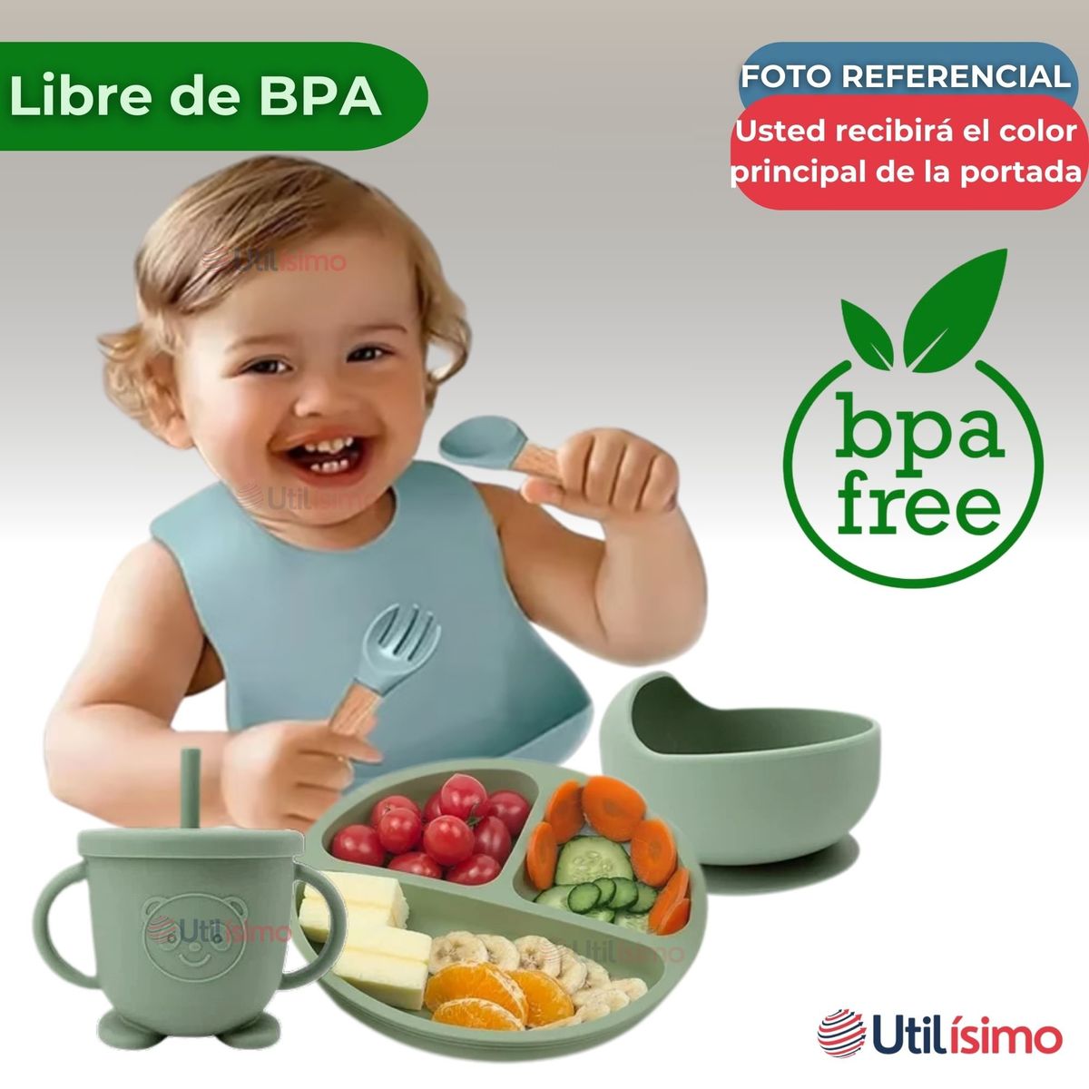 UTILISIMO - Set De Alimentación Bebé Silicona 6 Piezas Libre BPA Beige